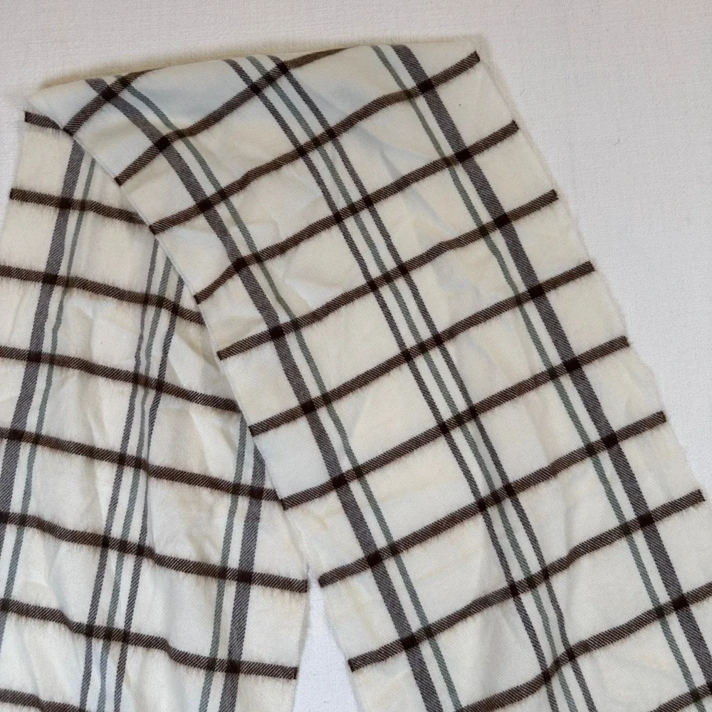 100% Cashmere Scarf Made in Scotland Plaid Cream Brown Grey Fringe Unisex